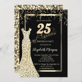 Invitación Secuencias de oro Vestido negro 25 cumpleaños