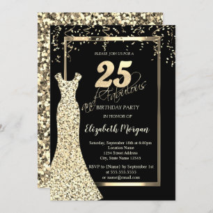 Invitación Secuencias de oro Vestido negro 25 cumpleaños