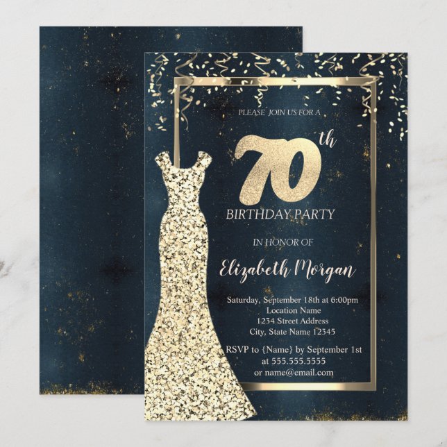 Invitación Secuencias de oro Vestido Oscuro, Marco, 70 Aniver (Anverso / Reverso)