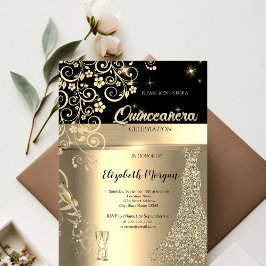 Invitación Secuencias de oro Vestido Vidrio Floral Quinceaner