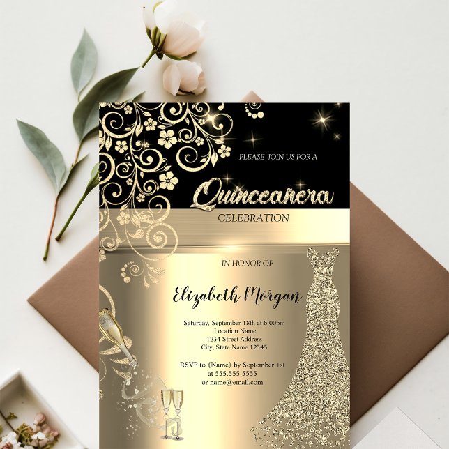 Invitación Secuencias de oro Vestido Vidrio Floral Quinceaner (Subido por el creador)