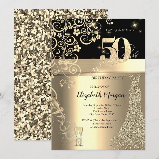 Invitación Secuencias de oro Vestir Flores de Vidrio 50 cumpl (Anverso / Reverso)