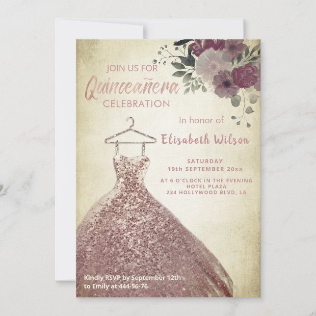 Invitación Secuencias florales rosa vestido de oro Quinceañer (Anverso)