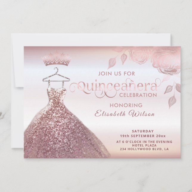 Invitación Secuencias florales rosa vestido de oro Quinceañer (Anverso)
