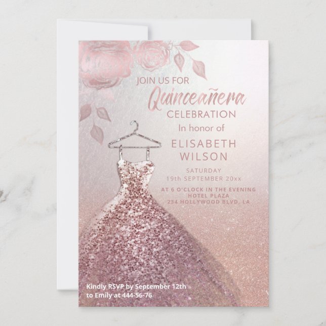 Invitación Secuencias florales rosa vestido de oro Quinceañer (Anverso)