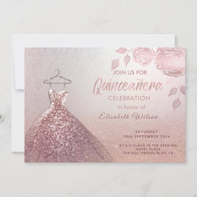 Invitación Secuencias florales vestido de oro rosa Quinceañer (Anverso)