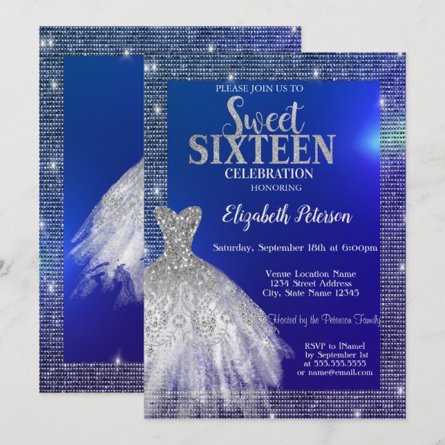 Invitación Secuencias plateadas, Dress Blue Sweet 16 (Anverso / Reverso)