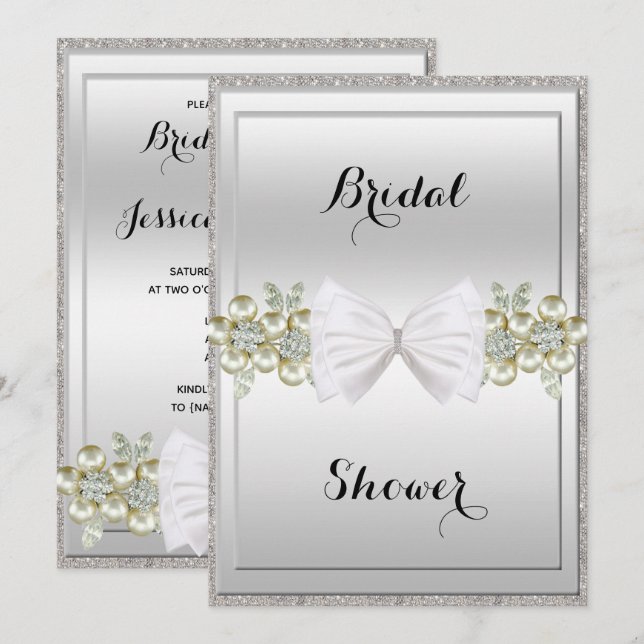 Invitación Secuencias plateadas y gemas florales Purpurina Bo (Anverso / Reverso)