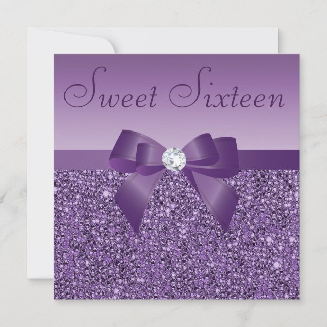 Invitación Secuencias Púrpuras Impresas Bow & Diamond Sweet 1 (Anverso)