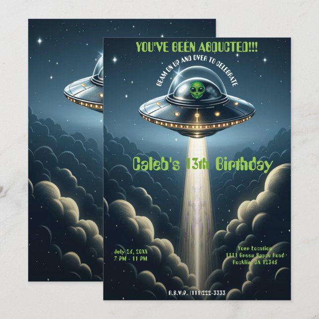 Invitación Secuestro Alienígena Fiesta de Cumpleaños Nubes Az (Anverso / Reverso)