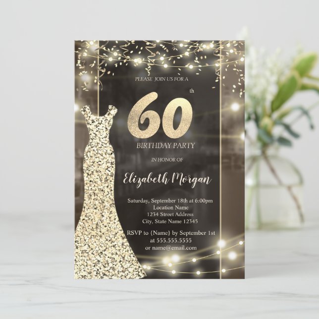 Invitación Secuins Dress String Lights 60th Birthday (Anverso de pie)