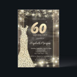 Invitación Secuins Dress String Lights 60th Birthday<br><div class="desc">El oro secuestra el vestido,  el confeti dorado y las luces de cuerdas.</div>