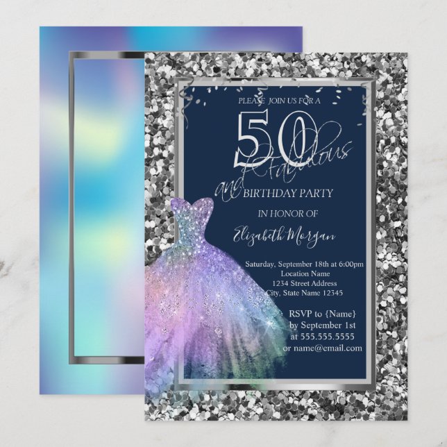 Invitación Secuins Purpurina Vestido Holográfico 50 cumpleaño (Anverso / Reverso)