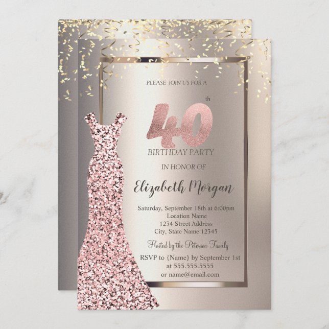 Invitación Secuins Rosa Oro Vestido marfil 40 cumpleaños (Anverso / Reverso)