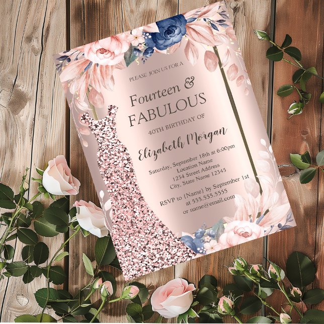 Invitación Secuins Vestido Rosa Gold Floral 40 cumpleaños (Subido por el creador)