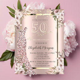 Invitación Secuins Vestido Rosa Oro 50 cumpleaños