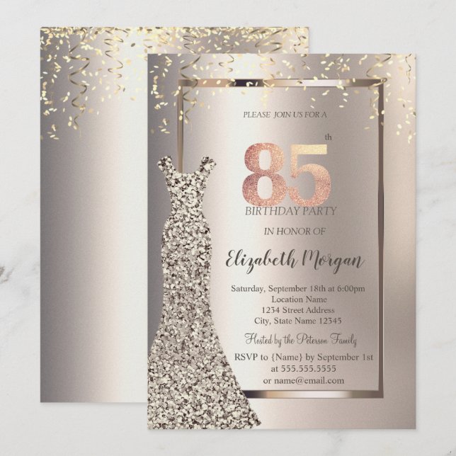 Invitación Secuins Vestir Confetti Marfil 65 cumpleaños (Anverso / Reverso)