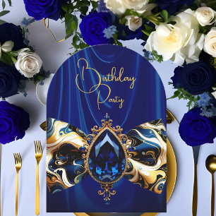 Invitación Seda Azul Cumpleaños Joyas Doradas Falsas Paisley