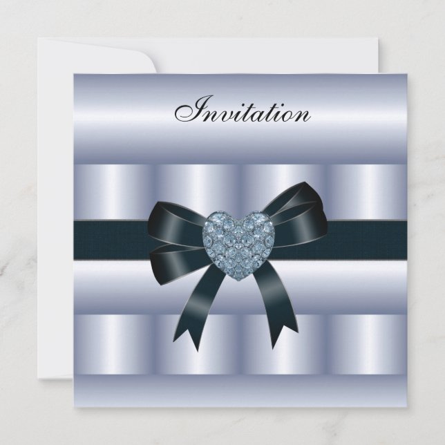 Invitación Seda Azul Plata Negro Corazón de Diaman (Anverso)