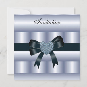 Invitación Seda Azul Plata Negro Corazón de Diaman