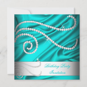 Invitación Seda Azul Verde Claro Diamantes Blancos Fiesta de 