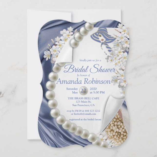 Invitación Seda azul y Perlas de Marfil Ducha Bridal (Anverso)