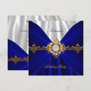 Invitación Seda Blanca Joyas Doradas Cumpleaños Azul Real 2