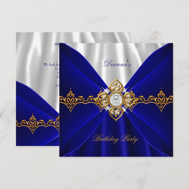 Invitación Seda Blanca Joyas Doradas Cumpleaños Azul Real 2 (Anverso / Reverso)