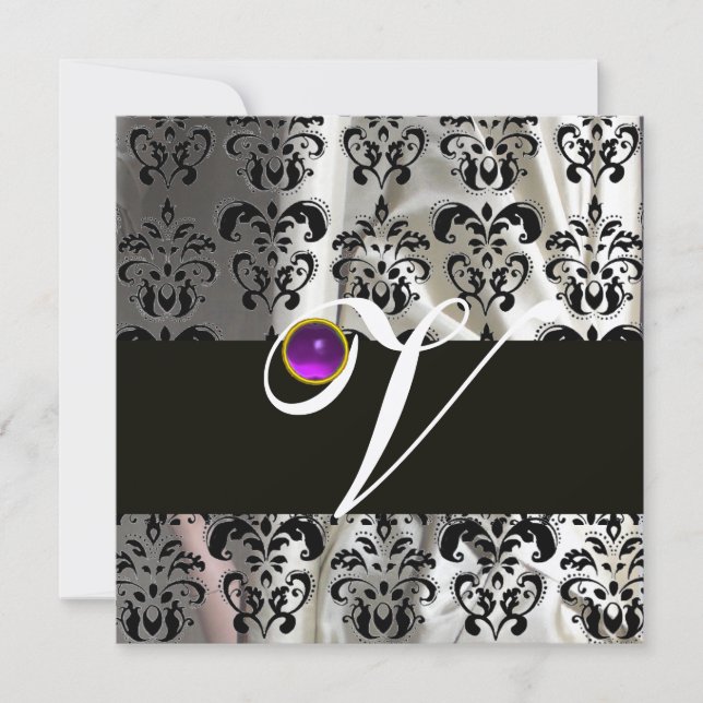 INVITACIÓN SEDA BLANCA NEGRA DAMASK MONOGRAM PURPLE AMETHYST (Anverso)