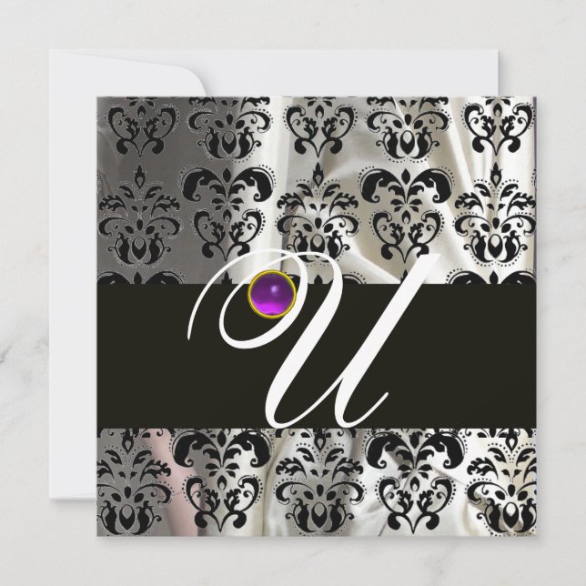 INVITACIÓN SEDA BLANCA NEGRA DAMASK MONOGRAM PURPLE AMETHYST (Anverso)