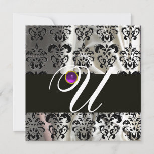 INVITACIÓN SEDA BLANCA NEGRA DAMASK MONOGRAM PURPLE AMETHYST