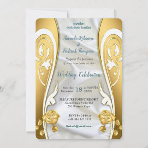 Invitación Seda blanca y lujosa que fluye y rosas blancas.