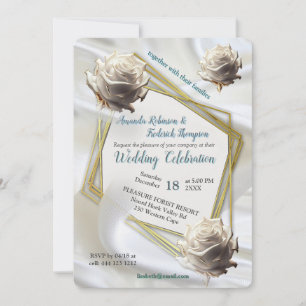 Invitación Seda blanca y lujosa que fluye y rosas blancas.