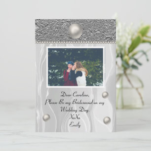 Invitación Seda blanca y Relieve metalizado plateado con foto