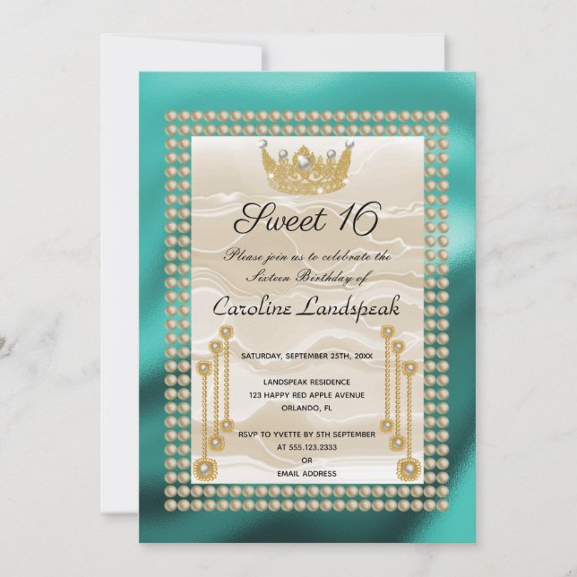 Invitación Seda crema dulce 16 Pearl Crown Verde azulado Blue (Anverso)
