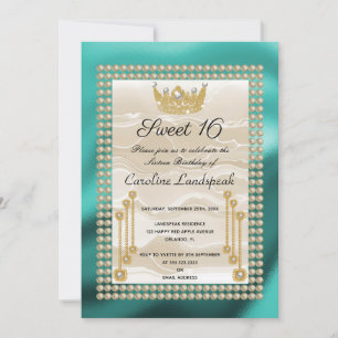 Invitación Seda crema dulce 16 Pearl Crown Verde azulado Blue