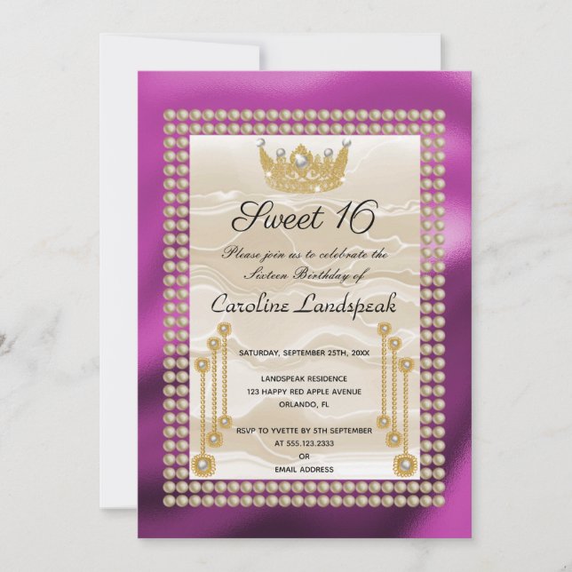Invitación Seda crema dulce 16 Perla Corona Fuchsia metálica (Anverso)