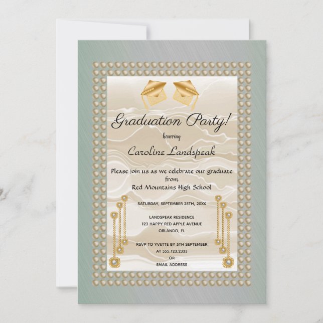Invitación Seda crema y Perlas Graduadas Metálico Verde (Anverso)
