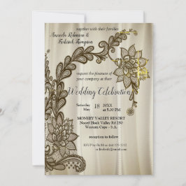 Invitación Seda de champán con encaje de oro