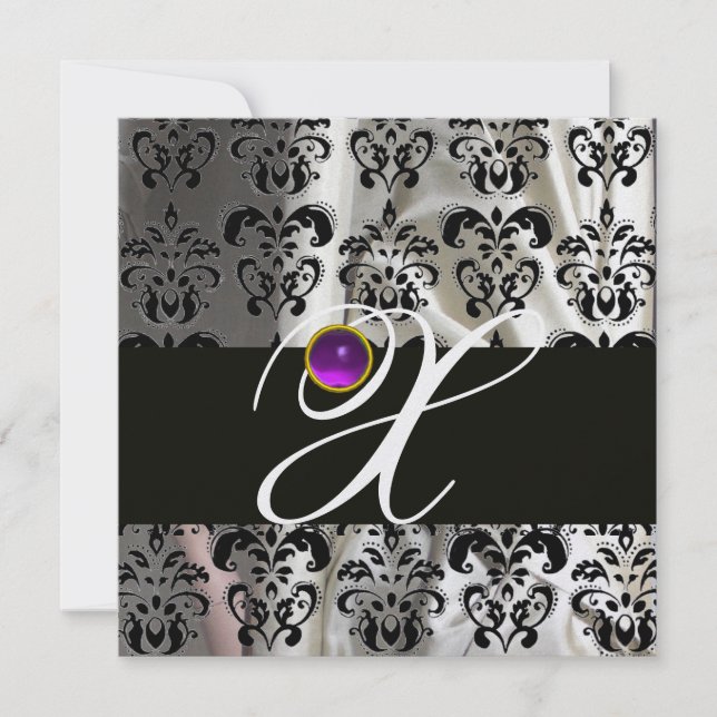 INVITACIÓN SEDA DE HIELO NEGRO DAMASK MONOGRAM PURPLE AMETHYS (Anverso)