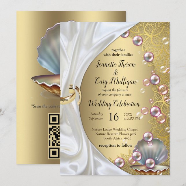 Invitación Seda de marfil, encaje de oro y perlas y mármol (Anverso / Reverso)