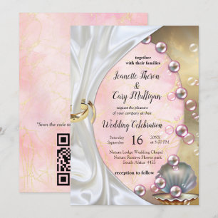 Invitación Seda de marfil, encaje de oro y perlas y mármol