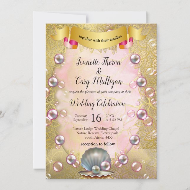 Invitación Seda de marfil, encaje de oro y perlas y mármol (Anverso)