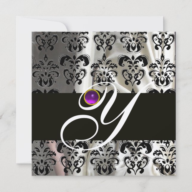INVITACIÓN SEDA DE ORO NEGRO DAMASK MONOGRAM PURPLE AMETHYST (Anverso)