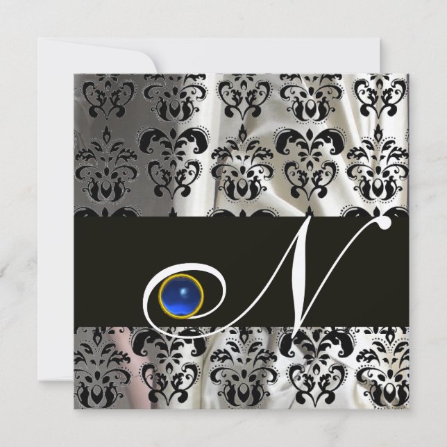 INVITACIÓN SEDA DE ORO NEGRO DAMASK MONOGRAM SAPPHIRE AZUL (Anverso)