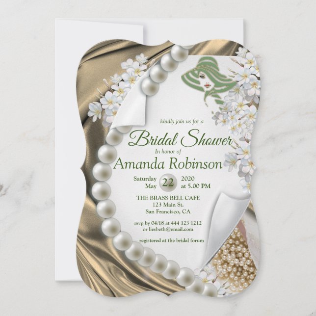 Invitación Seda de oro y Perlas de Marfil Ducha Bridal (Anverso)