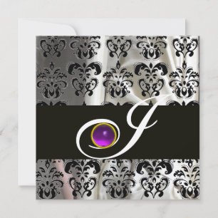 INVITACIÓN SEDA DE PLATA NEGRA DAMASK MONOGRAM PURPLE AMETHYS