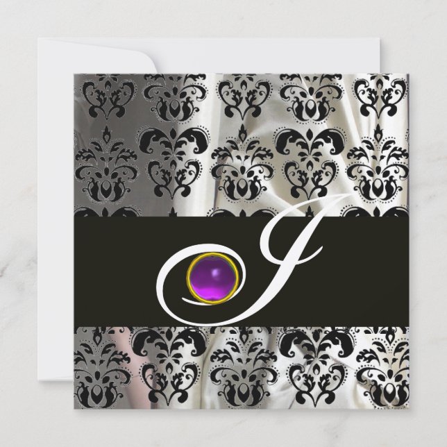 INVITACIÓN SEDA DE PLATA NEGRA DAMASK MONOGRAM PURPLE AMETHYS (Anverso)