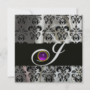 INVITACIÓN SEDA DE PLATA NEGRA DAMASK MONOGRAM PURPLE AMETHYS