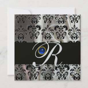INVITACIÓN SEDA DE PLATA NEGRA DAMASK MONOGRAM SAPPHIRE AZUL